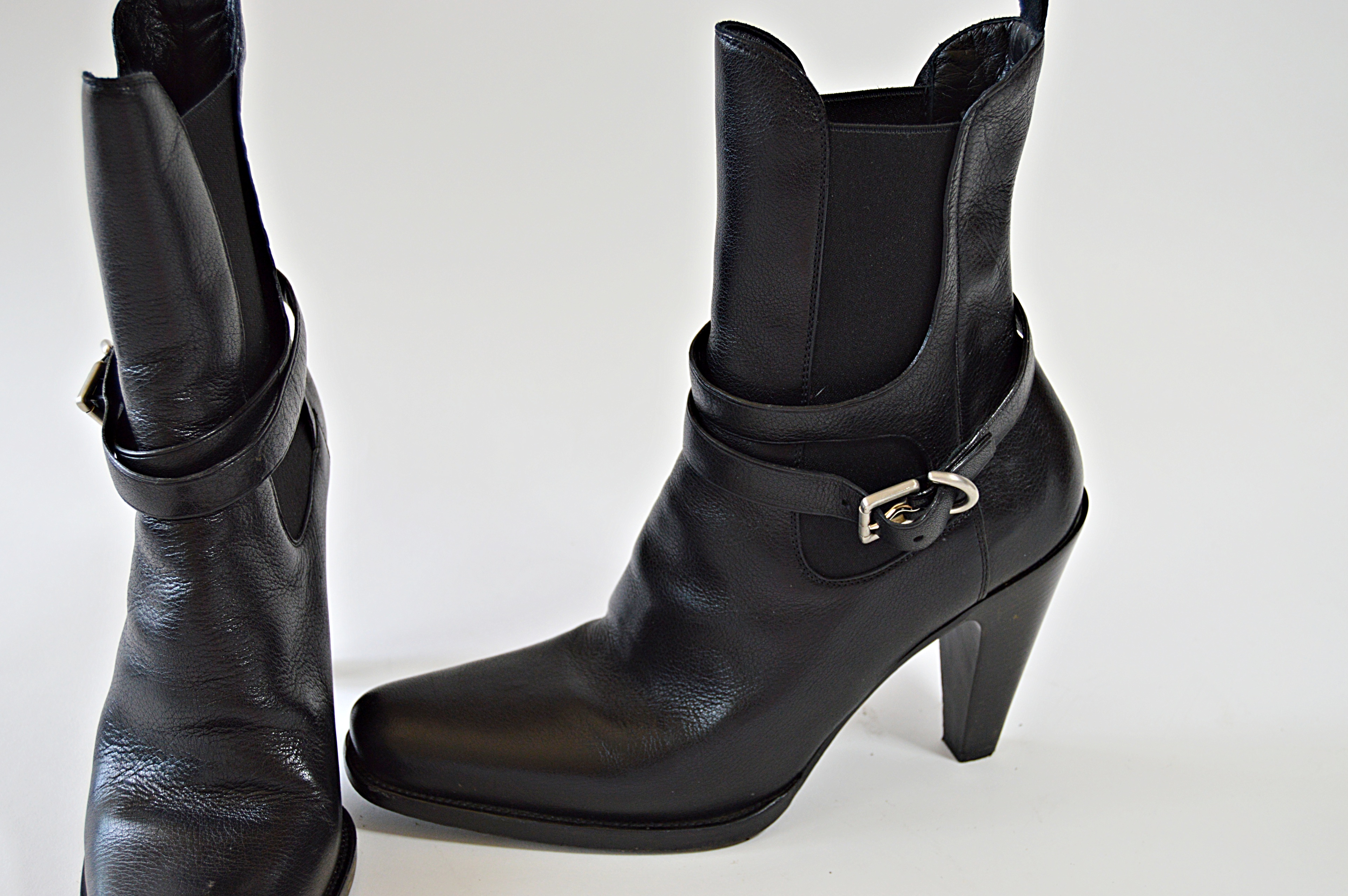 Prada Bufalo Fume Black Leather Boots, Size 38