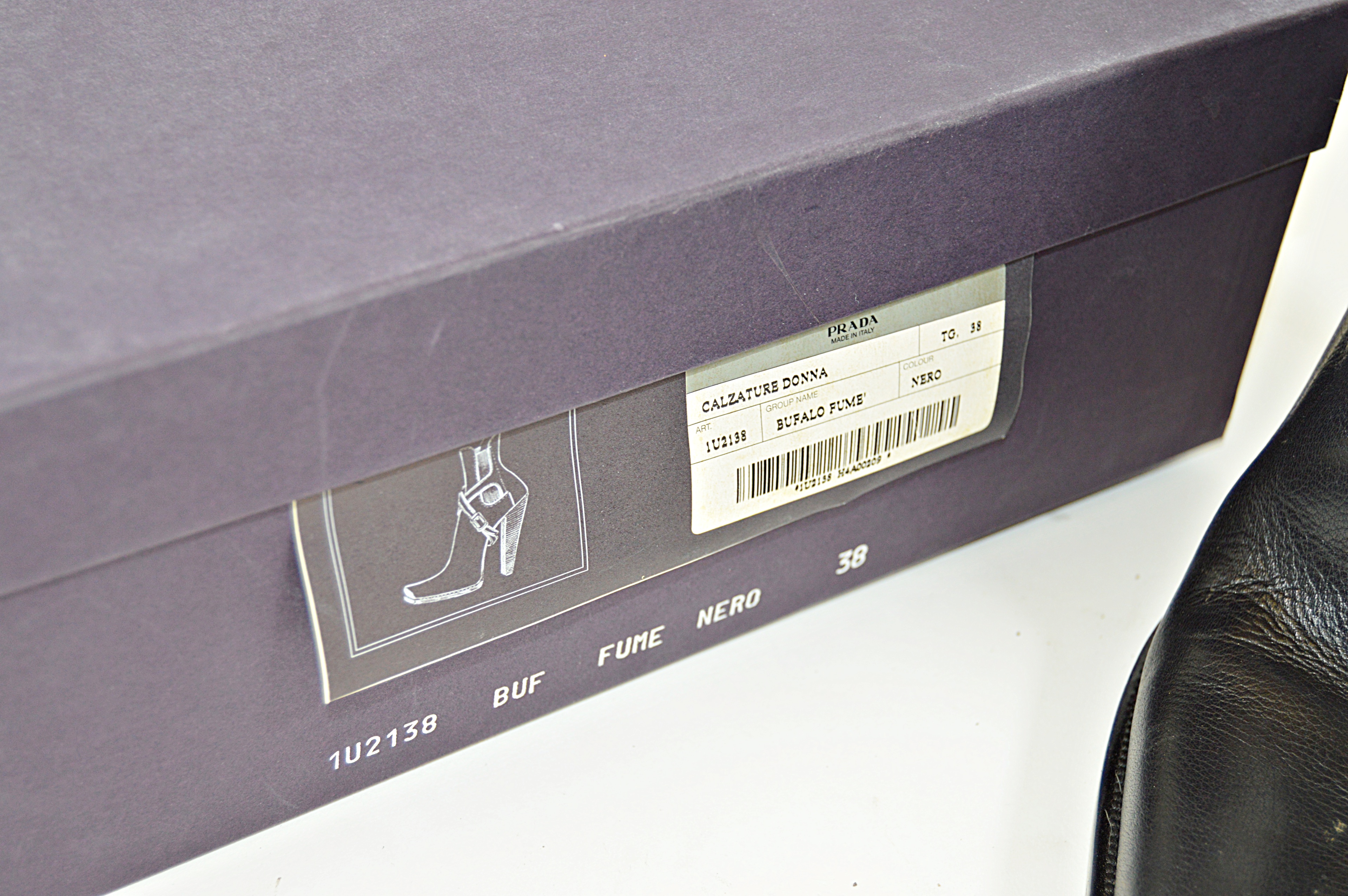 Prada Bufalo Fume Black Leather Boots, Size 38