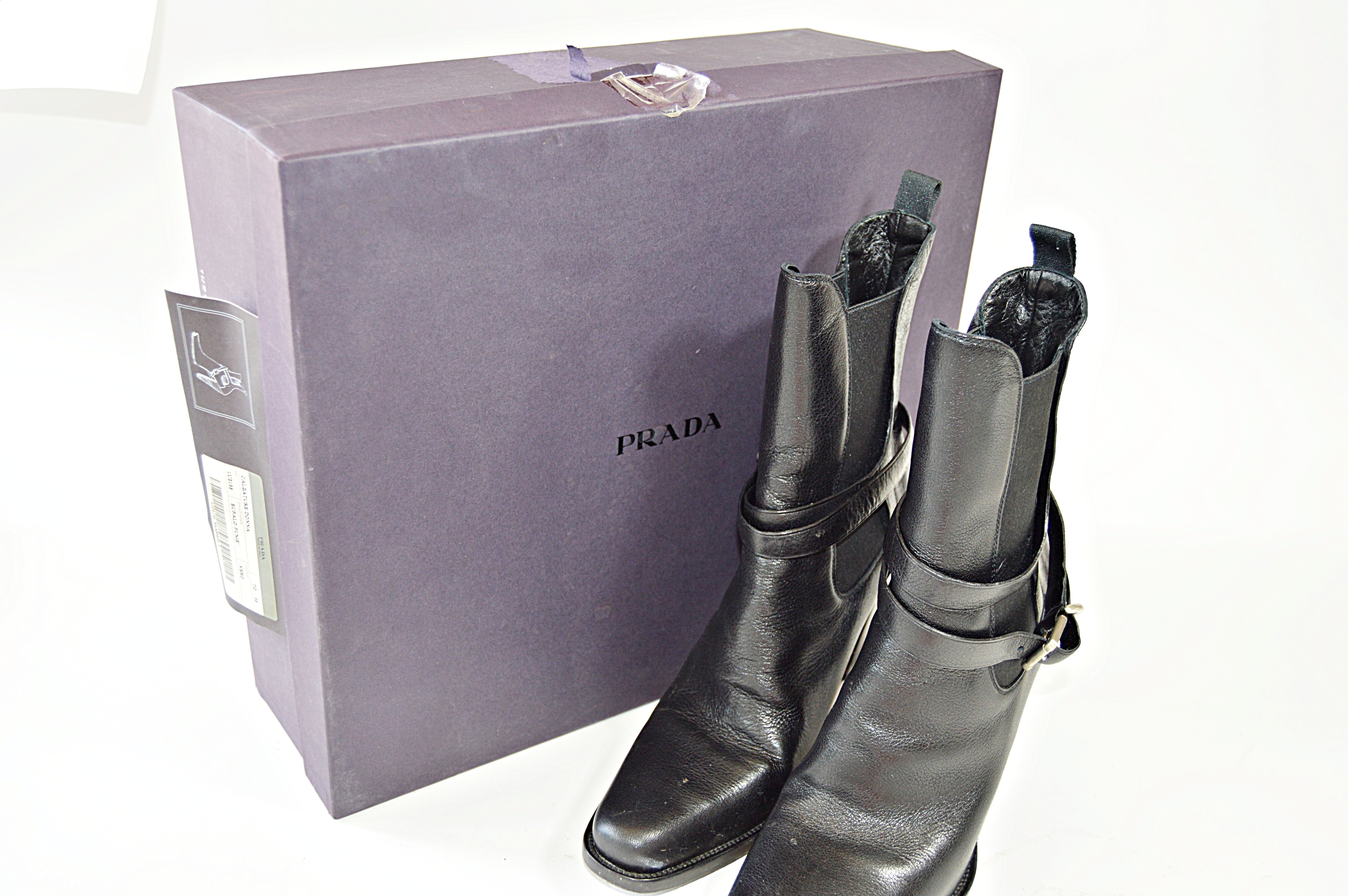 Prada Bufalo Fume Black Leather Boots, Size 38