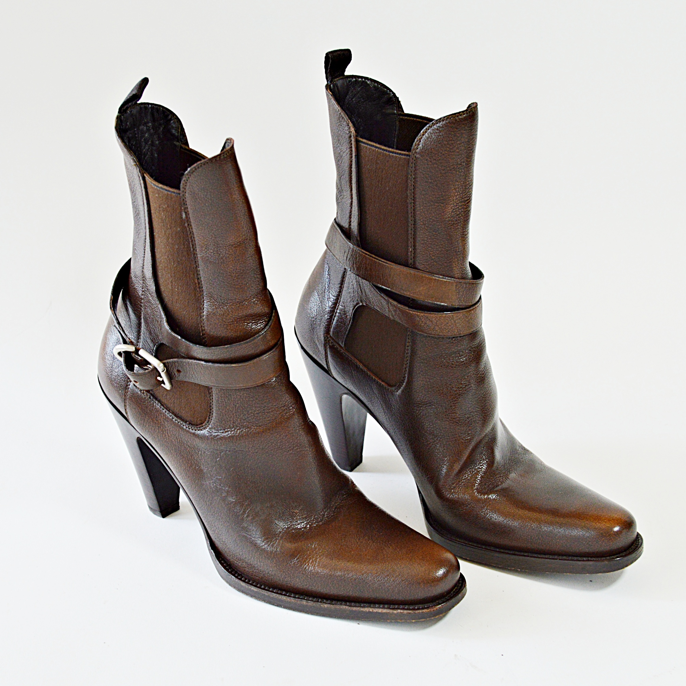 Prada "Bufalo Fume" Brown Leather High Heeled Boots, Size 38