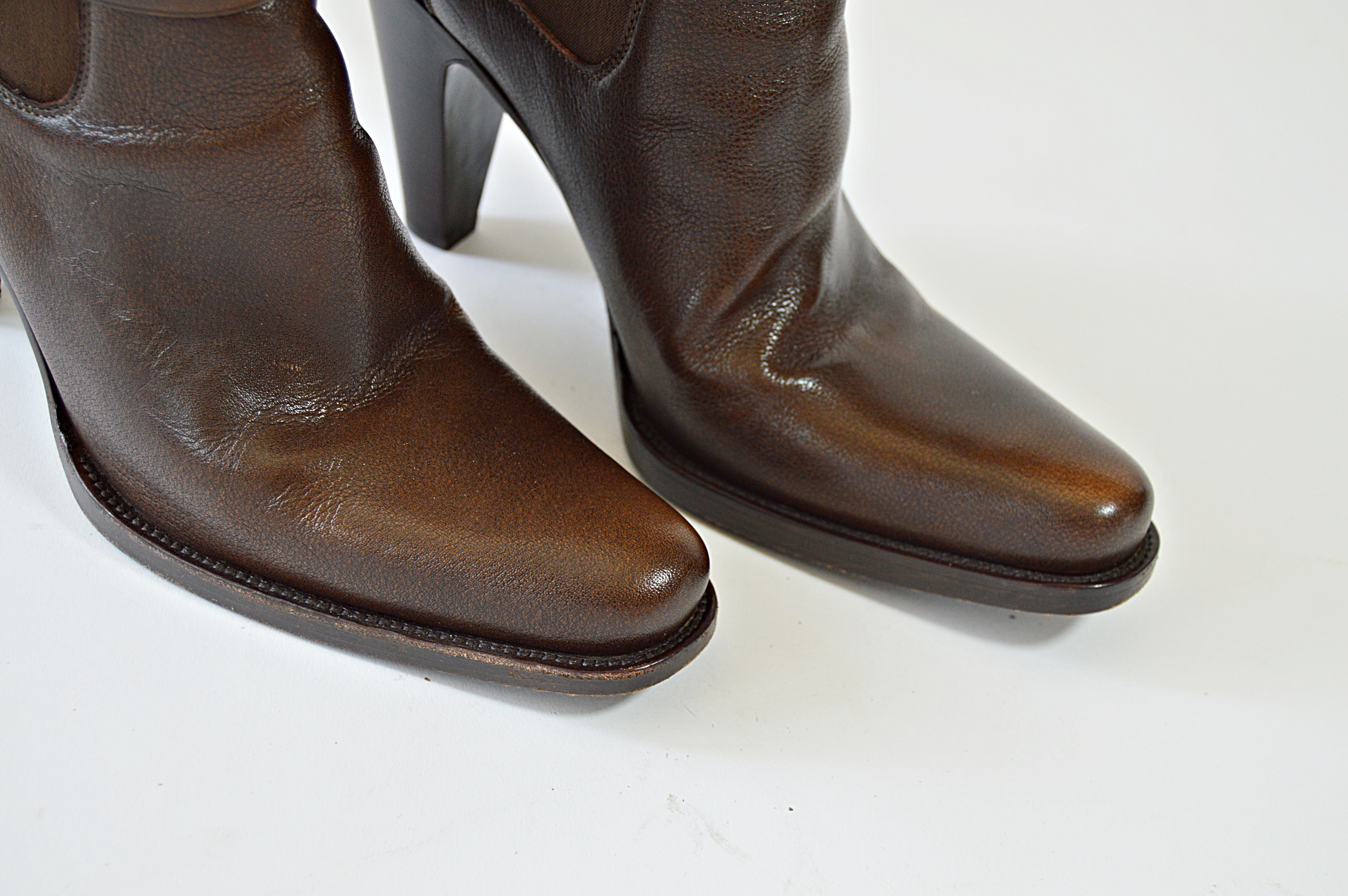 Prada "Bufalo Fume" Brown Leather High Heeled Boots, Size 38