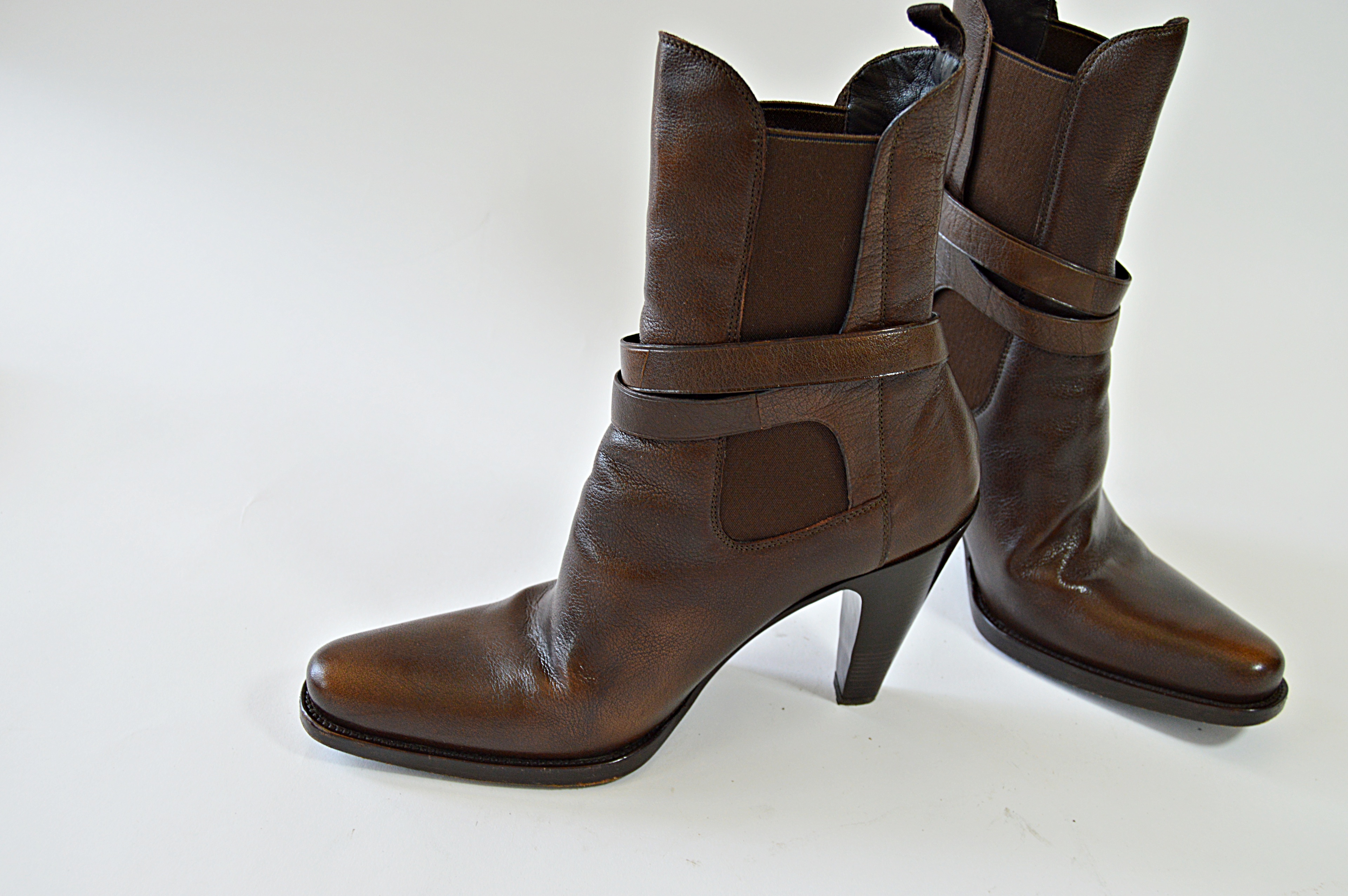 Prada "Bufalo Fume" Brown Leather High Heeled Boots, Size 38