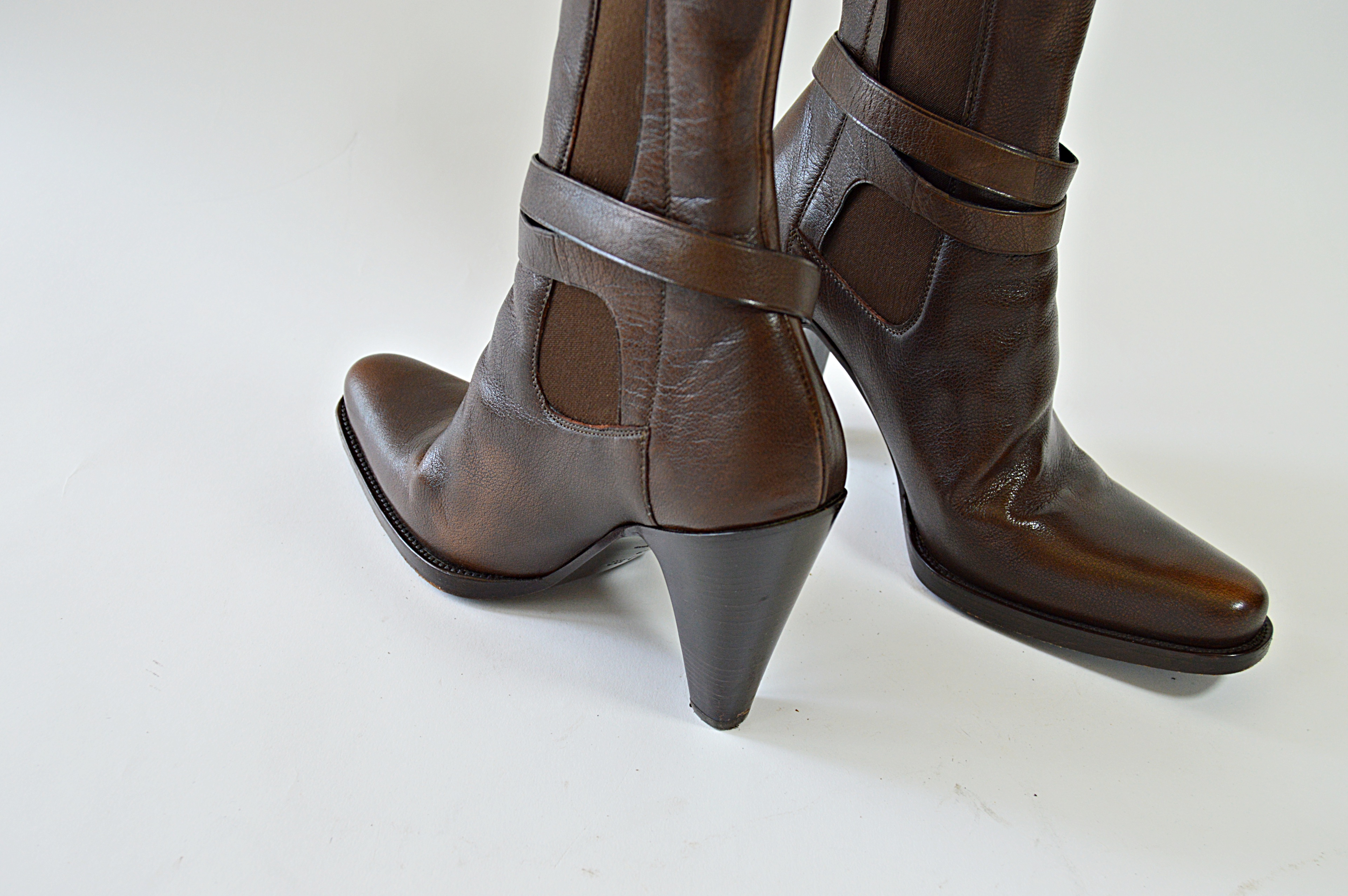 Prada "Bufalo Fume" Brown Leather High Heeled Boots, Size 38