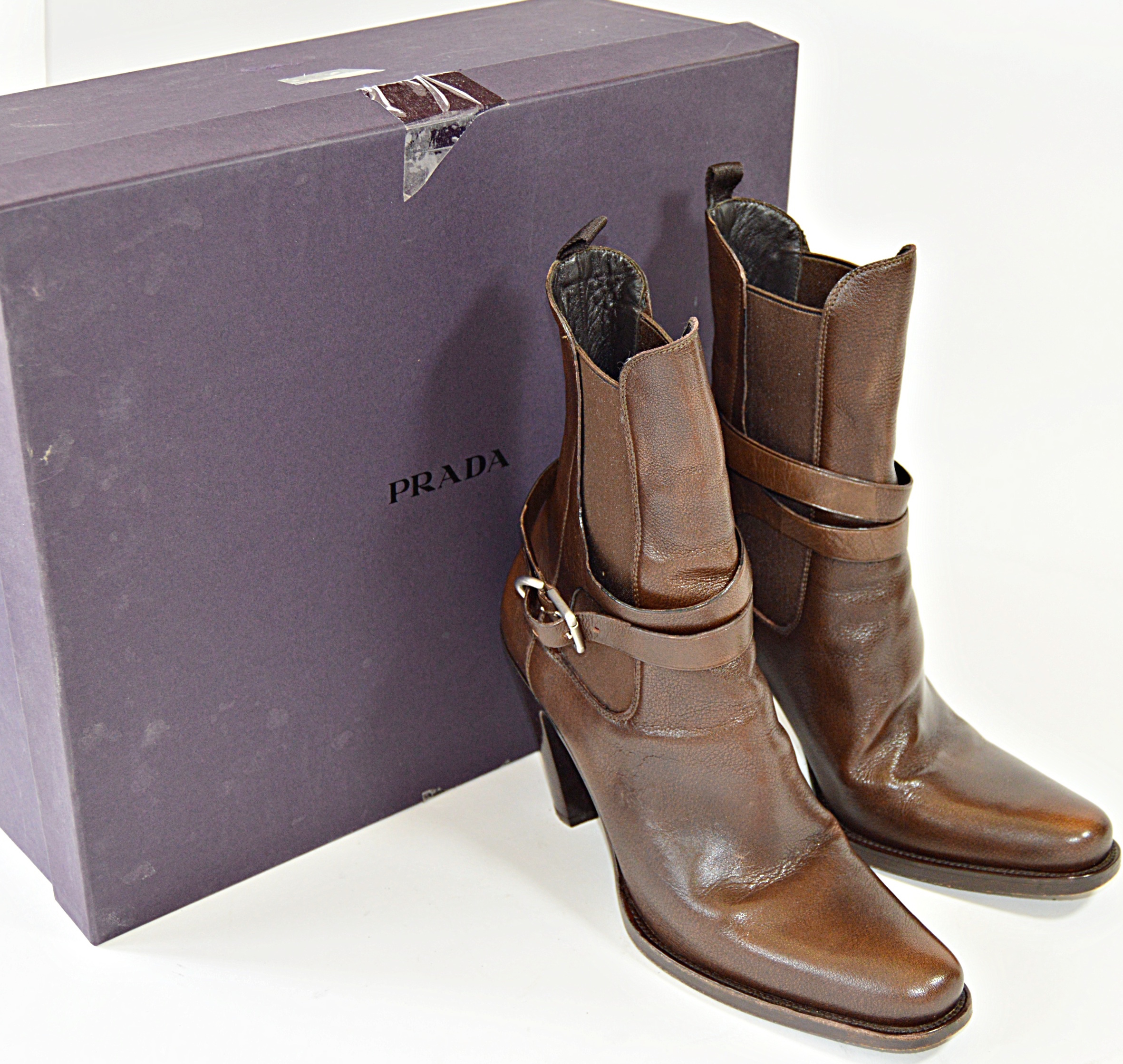 Prada "Bufalo Fume" Brown Leather High Heeled Boots, Size 38