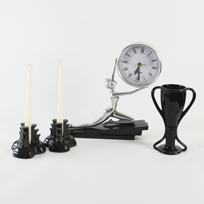 Deco Revival Style Mann Clock, Candlesticks and Vase