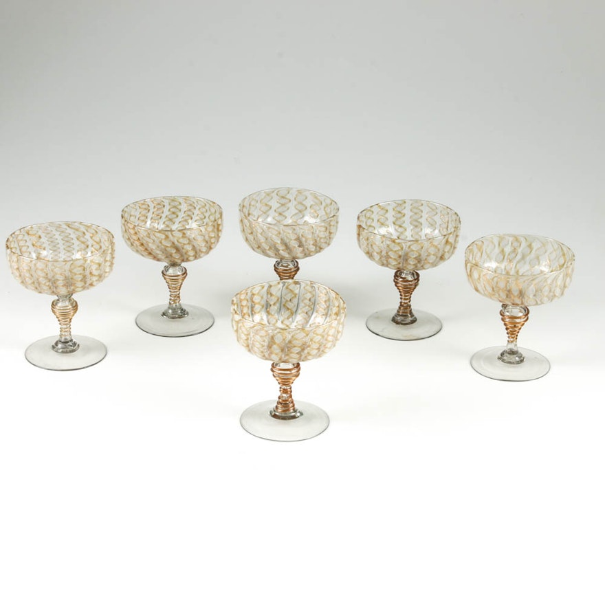 Set of Six Antique Venetian Lattimo Glass Champagne Coupes