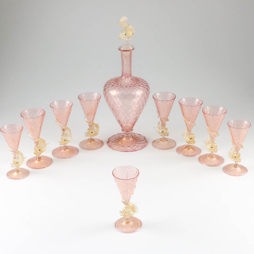 Nine Antique Venetian Pale Pink Dolphin Glasses and Decanter