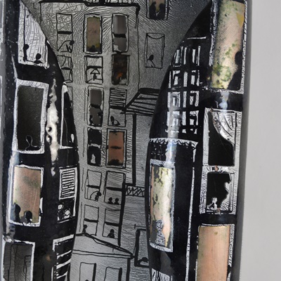 Artistic Interpretation of a City Copper Wall Hanging and Bowl