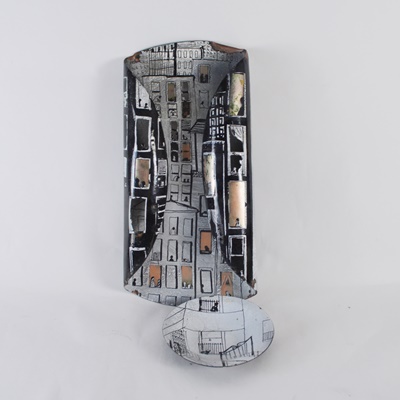 Artistic Interpretation of a City Copper Wall Hanging and Bowl