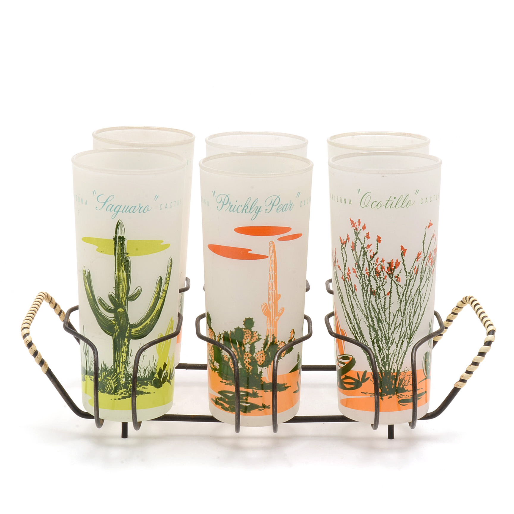 Vintage Blakely Oil & Gas Frosted Arizona Cactus Glasses & Tray