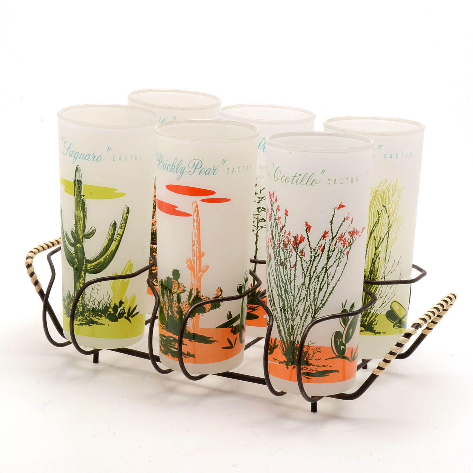 Vintage Blakely Oil & Gas Frosted Arizona Cactus Glasses & Tray