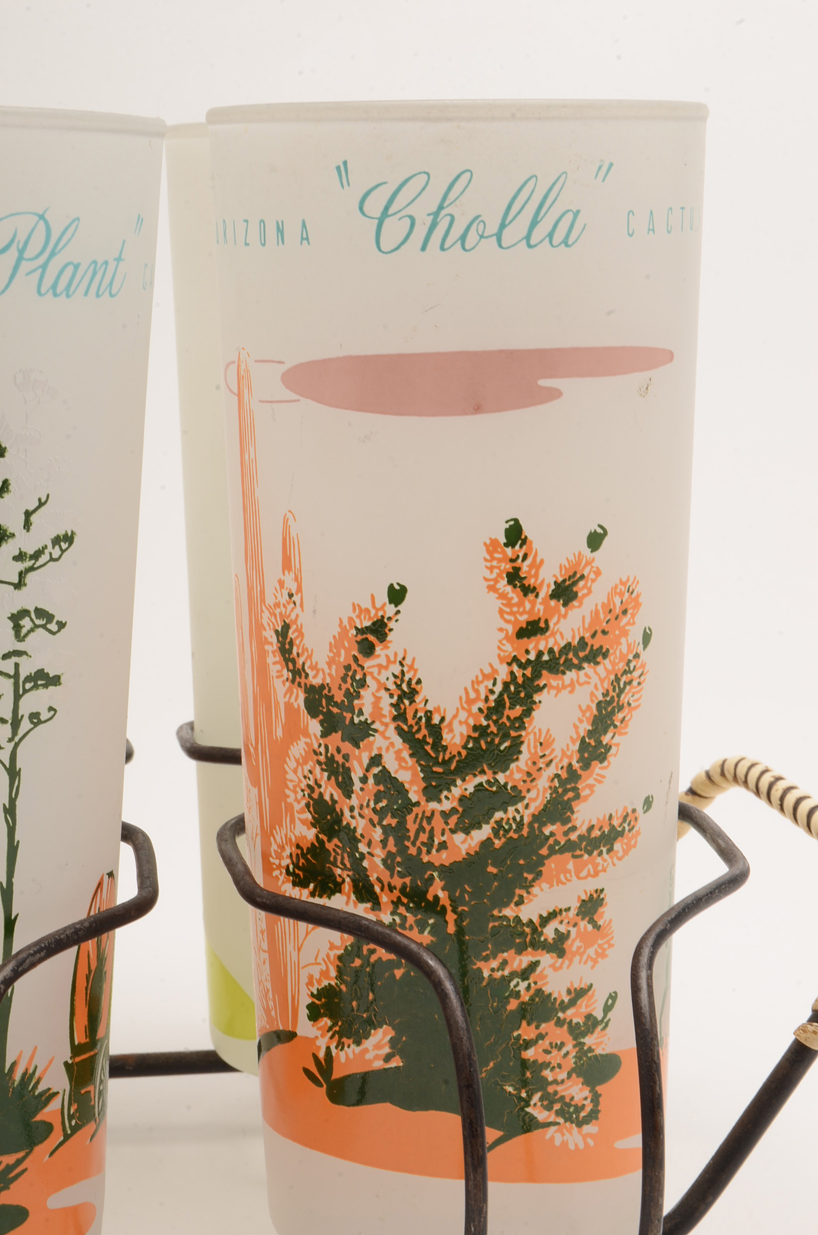 Vintage Blakely Oil & Gas Frosted Arizona Cactus Glasses & Tray