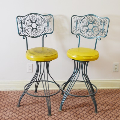 Three Vintage Aqua Swivel Bar Stools