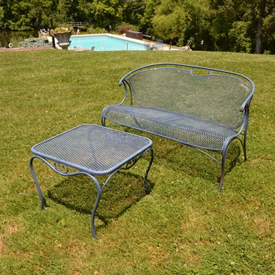 Woodard Blue Painted Iron Patio Loveseat and Table