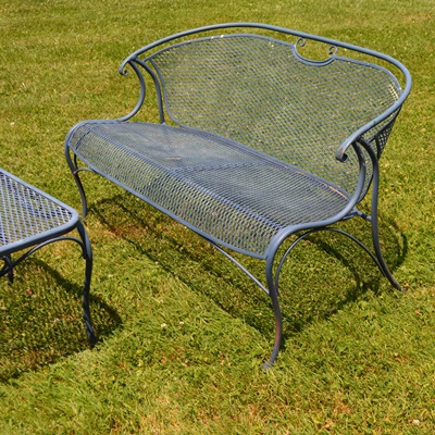 Woodard Blue Painted Iron Patio Loveseat and Table