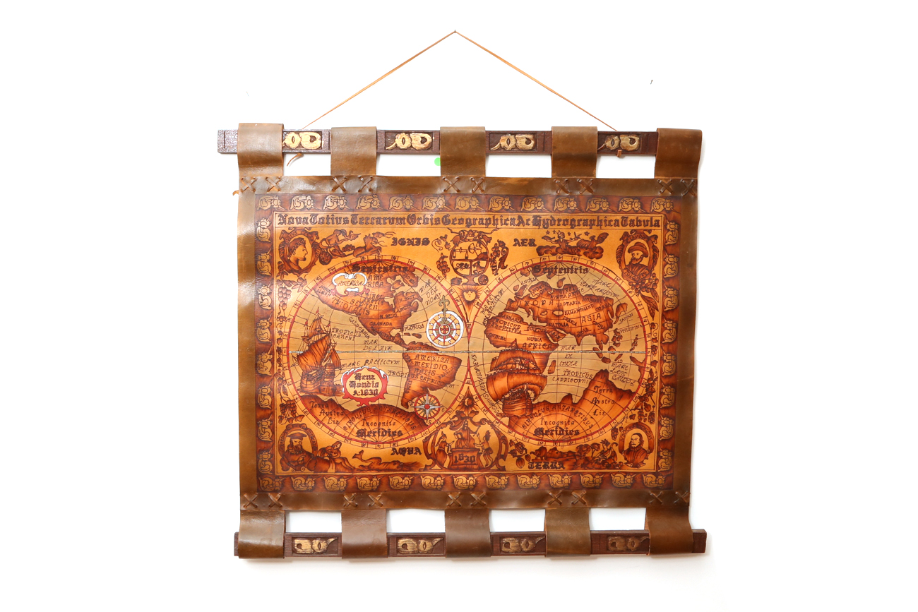 Hand Colored And Burnt Leather 1630s World Map