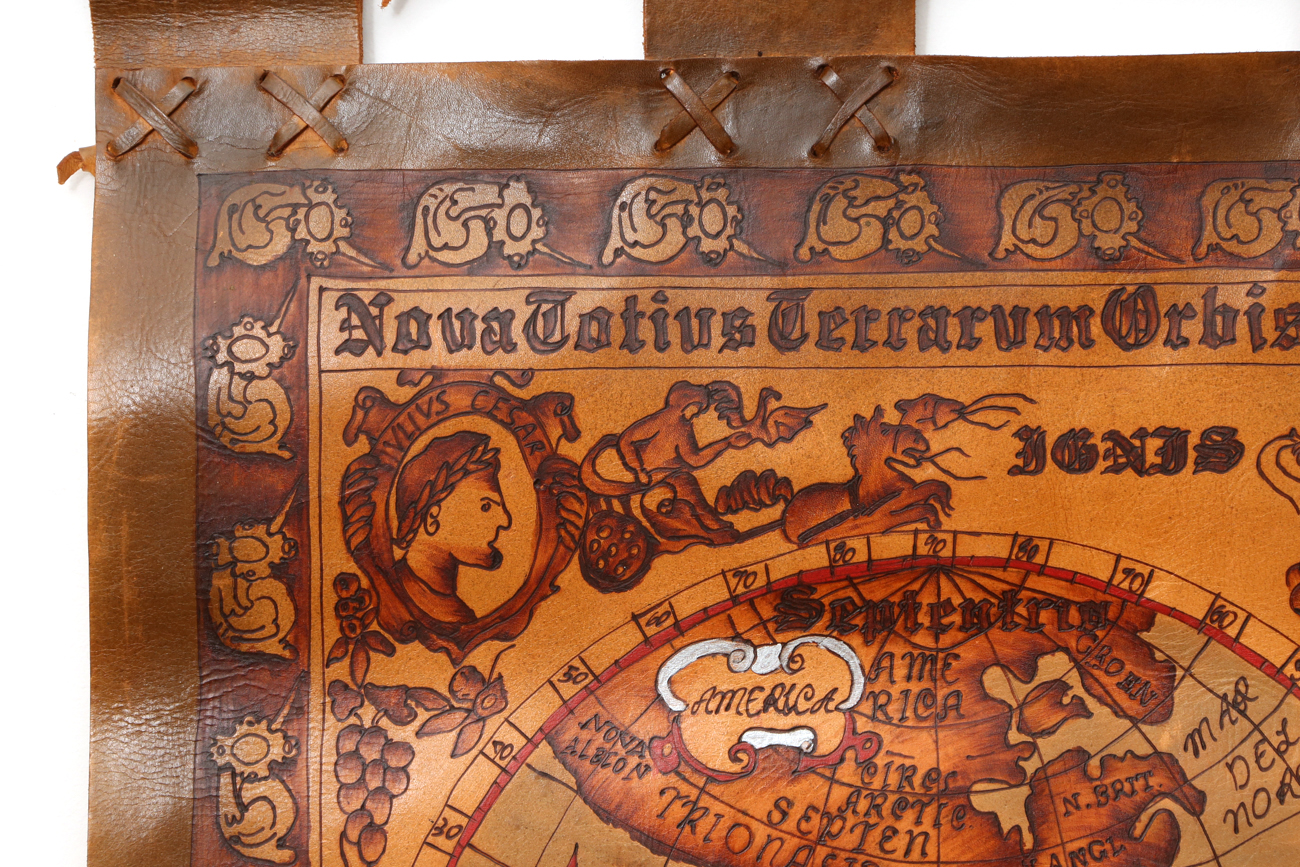 Hand Colored And Burnt Leather 1630s World Map