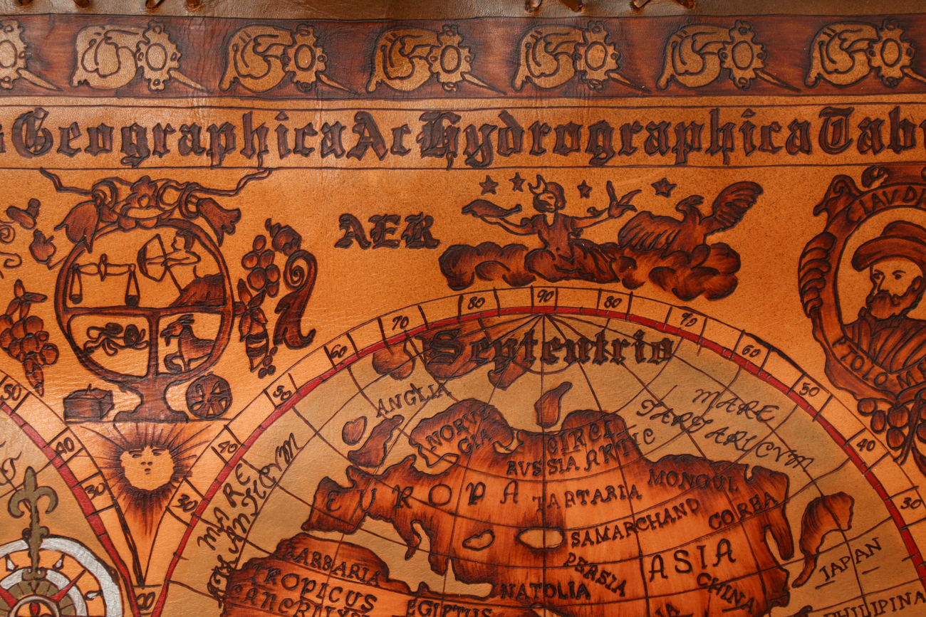 Hand Colored And Burnt Leather 1630s World Map