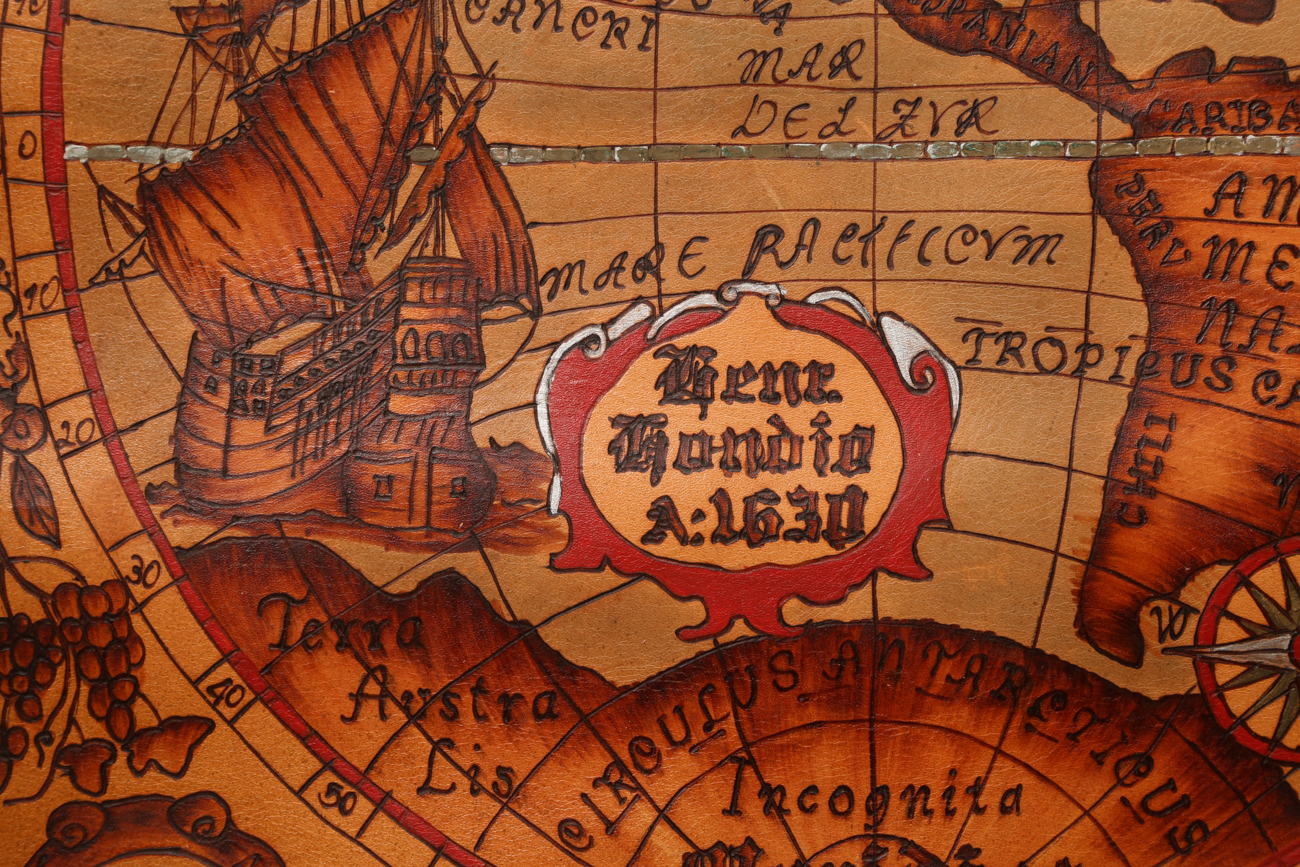 Hand Colored And Burnt Leather 1630s World Map