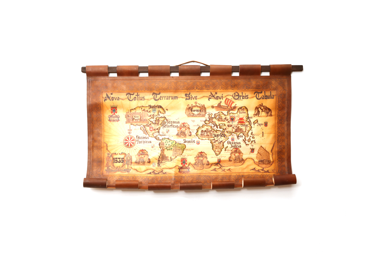 Hand Colored And Burnt Leather Map Of The World In 1535