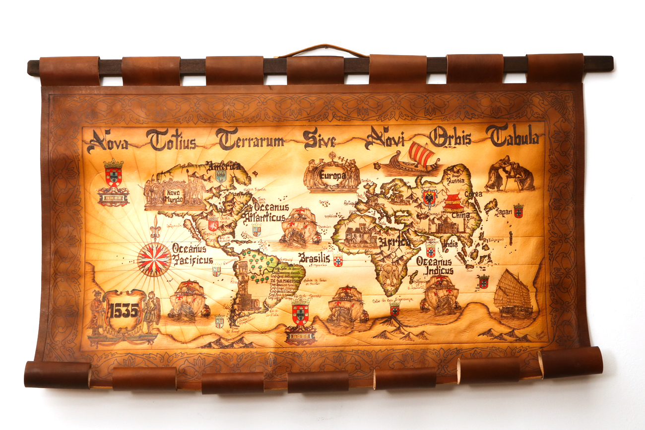 Hand Colored And Burnt Leather Map Of The World In 1535