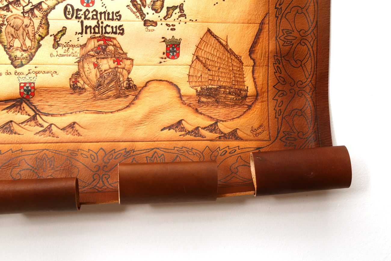 Hand Colored And Burnt Leather Map Of The World In 1535