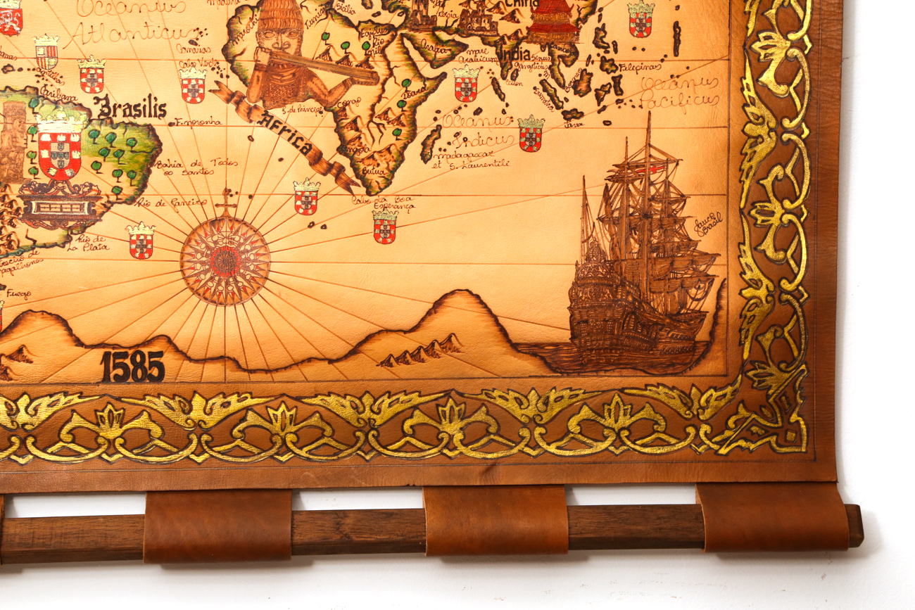 Hand Colored And Burnt Leather Map Of The World In 1585