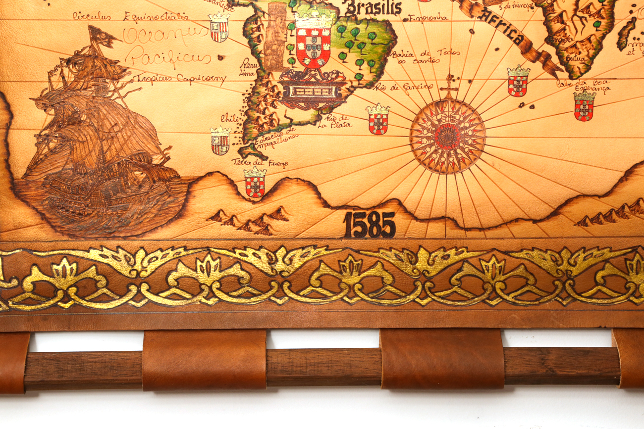 Hand Colored And Burnt Leather Map Of The World In 1585