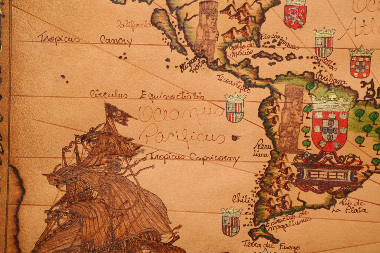 Hand Colored And Burnt Leather Map Of The World In 1585