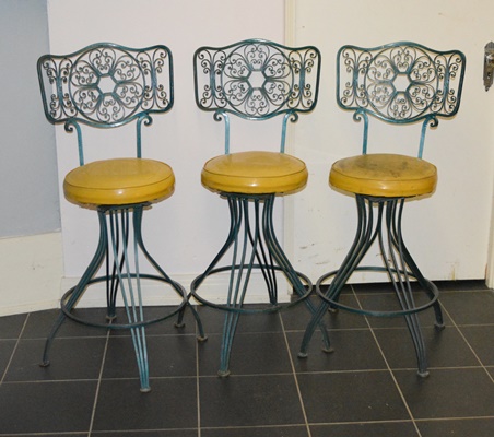 Three Vintage Aqua Swivel Bar Stools