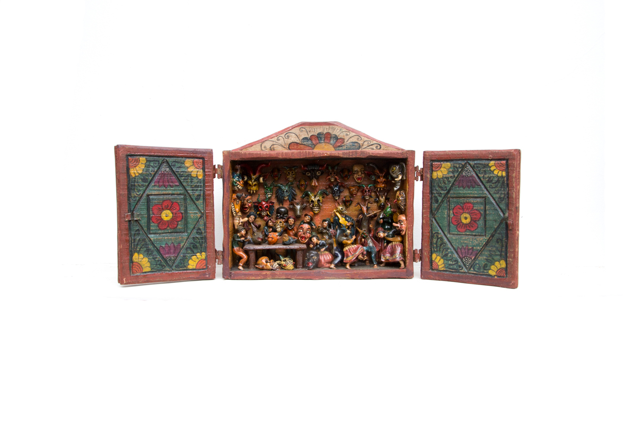 Claudio Jimenez Quispe Handmade "Mask Makers Shop" Peruvian Retablo Sculpture