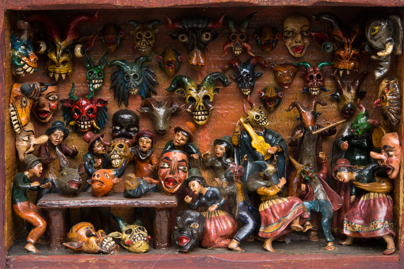 Claudio Jimenez Quispe Handmade "Mask Makers Shop" Peruvian Retablo Sculpture