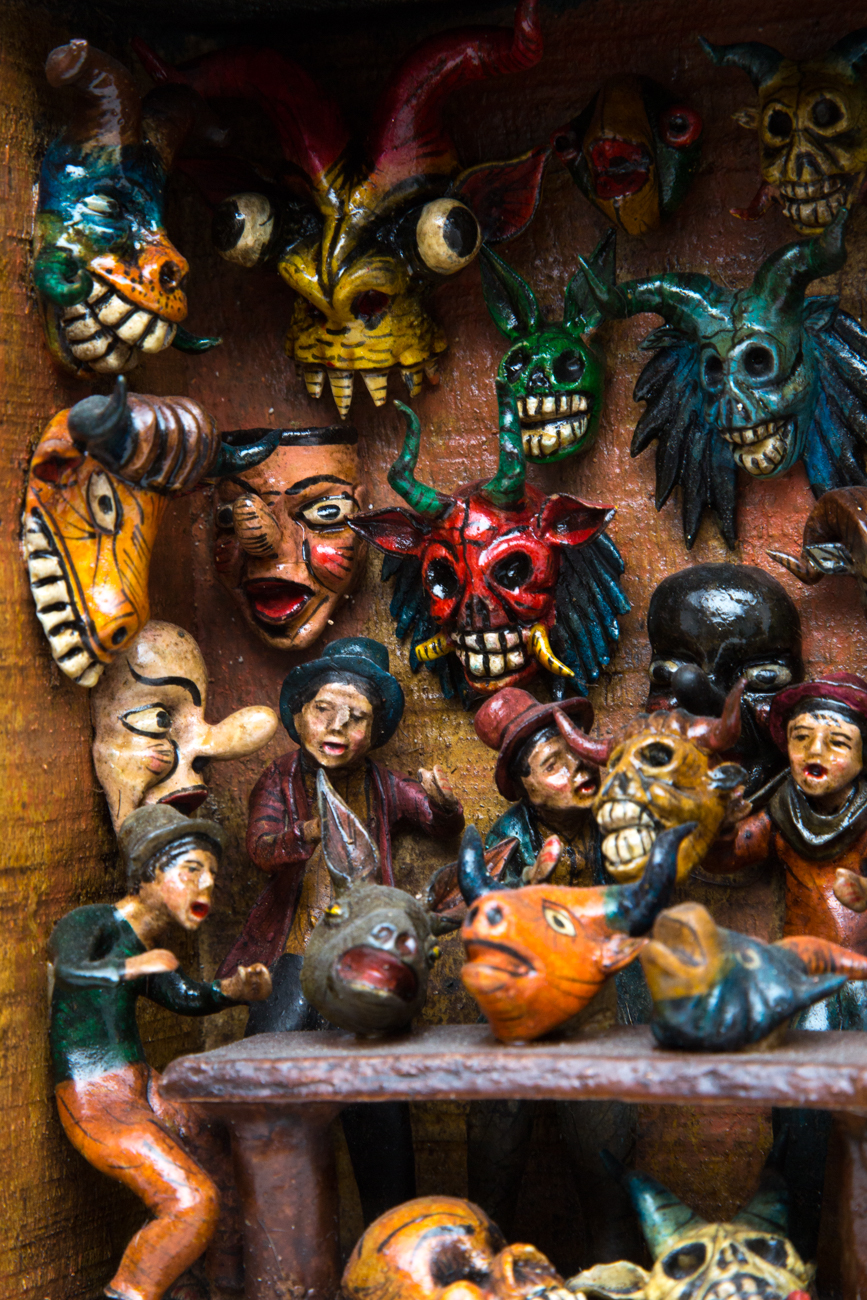 Claudio Jimenez Quispe Handmade "Mask Makers Shop" Peruvian Retablo Sculpture