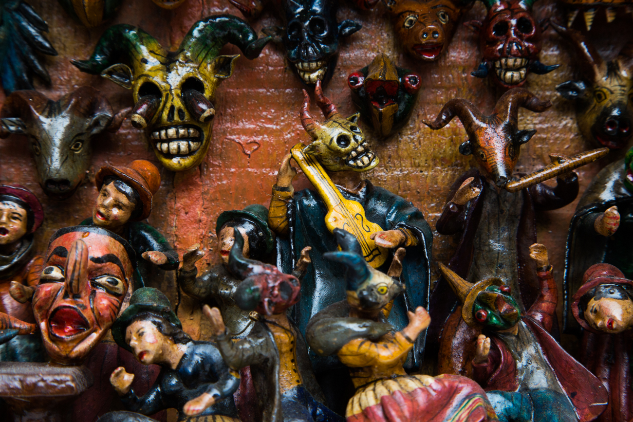 Claudio Jimenez Quispe Handmade "Mask Makers Shop" Peruvian Retablo Sculpture