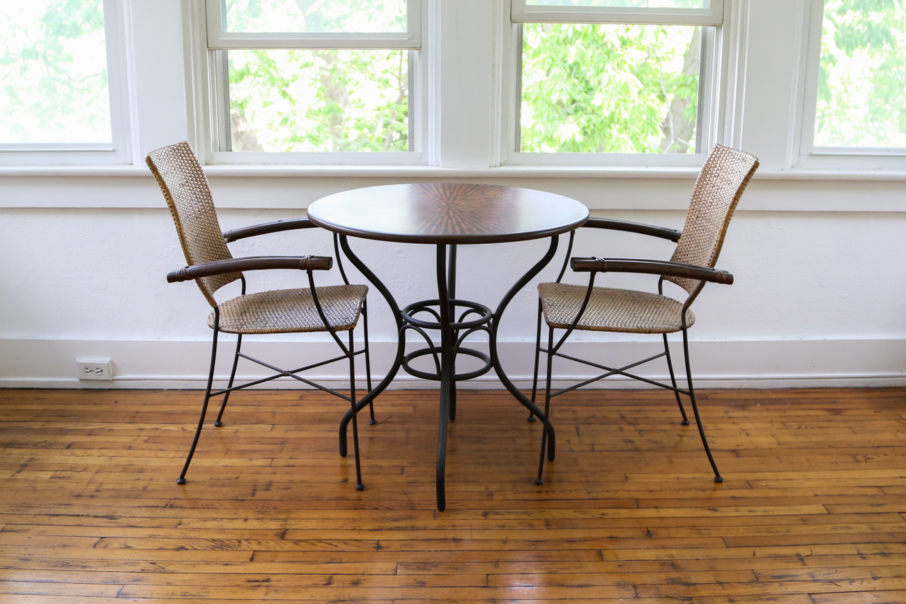 Metal Bistro Table With Two Rattan Chairs