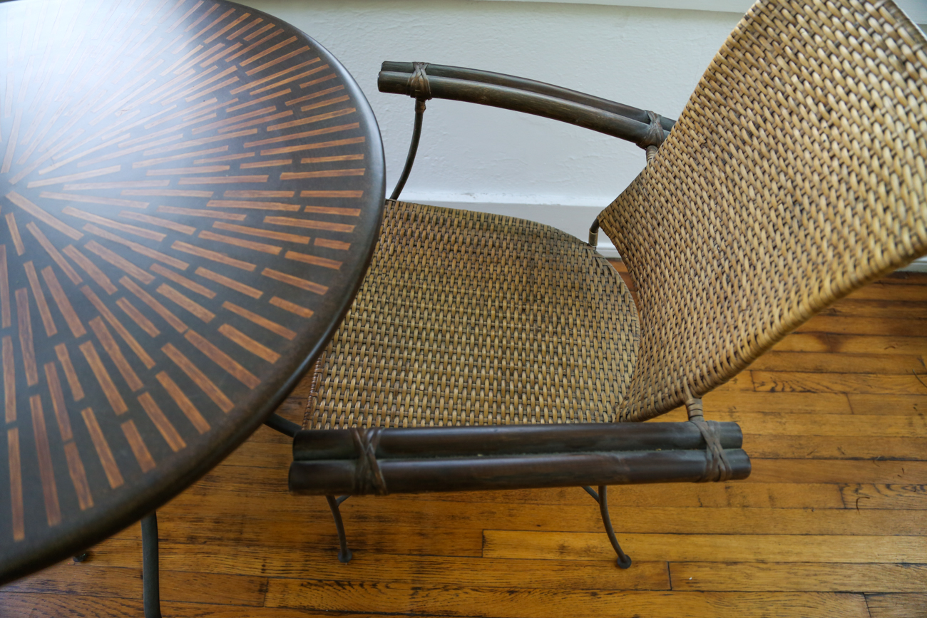 Metal Bistro Table With Two Rattan Chairs