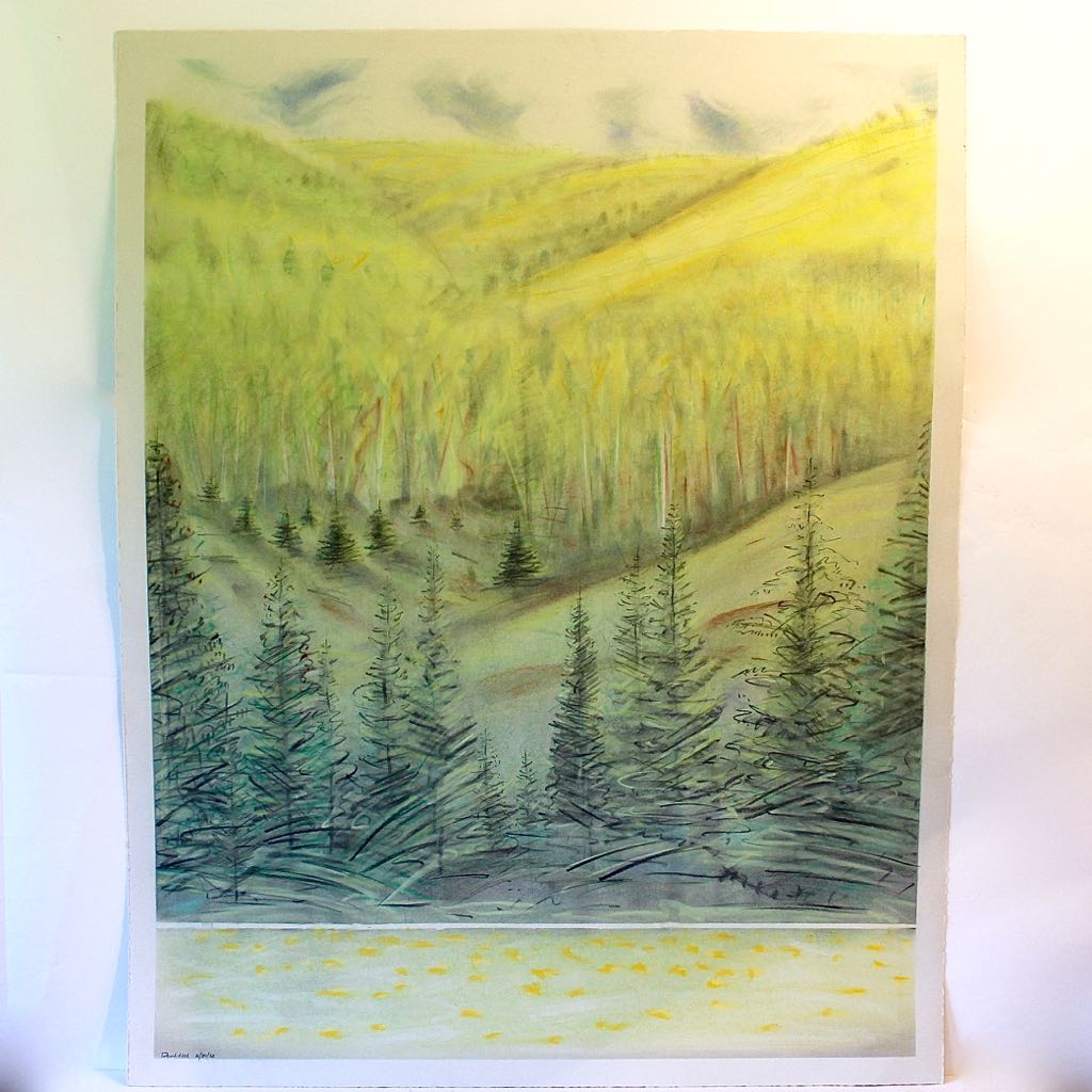 David Heil Original Oil Stick & Pastel Drawing of Spring Mountain Landscape