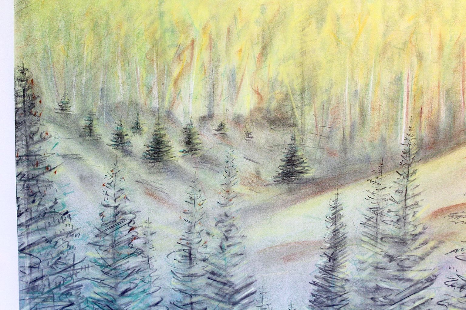 David Heil Original Oil Stick & Pastel Drawing of Spring Mountain Landscape