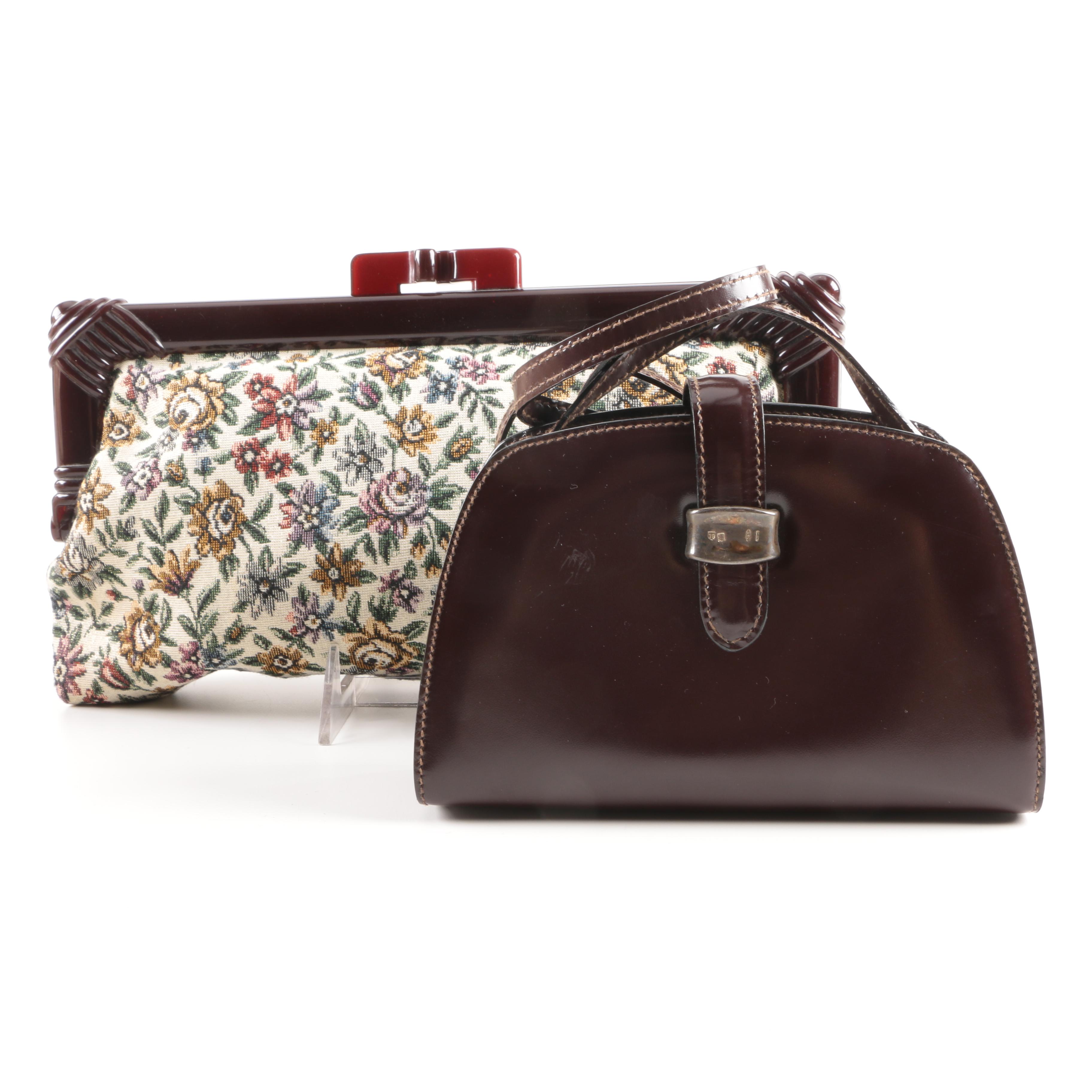 Tardini Leather Bag With Sterling Accent and Tapestry Clutch