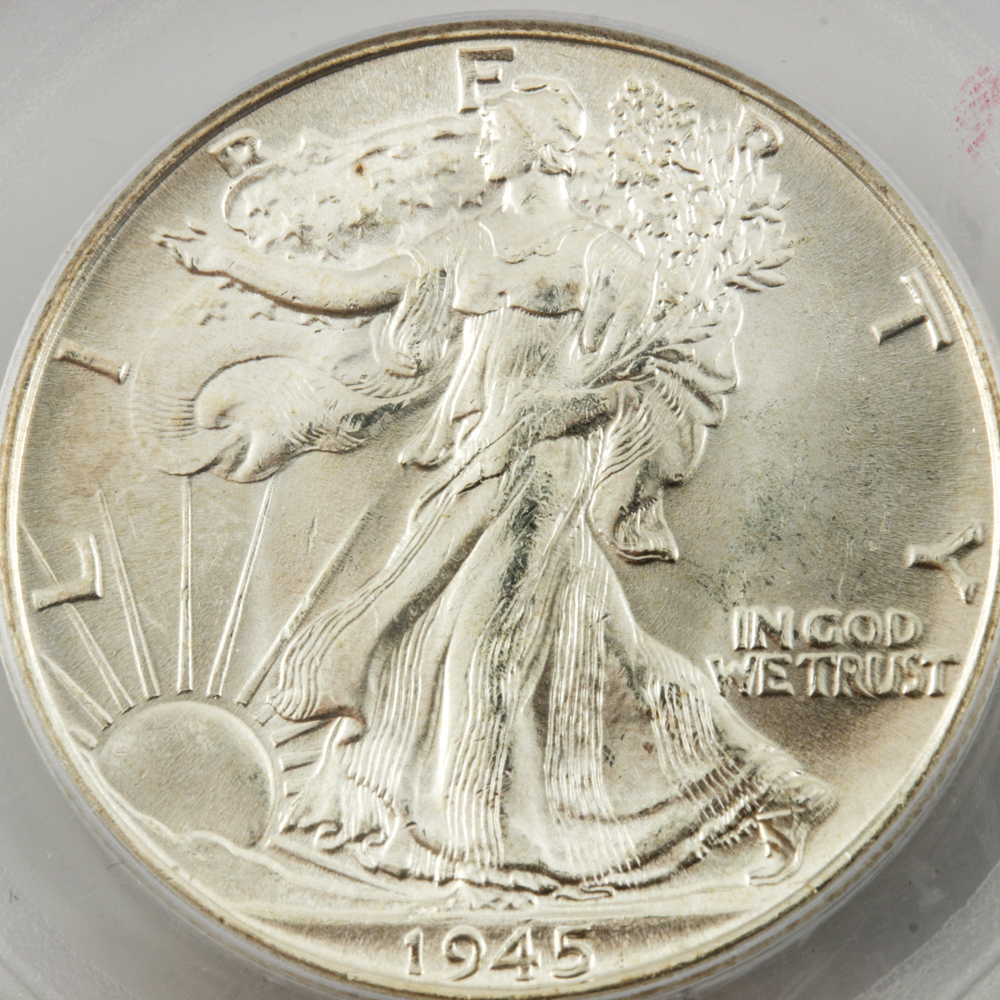 Encapsulated and Graded MS65 (by PCGS) 1945 Walking Liberty Silver Half Dollar