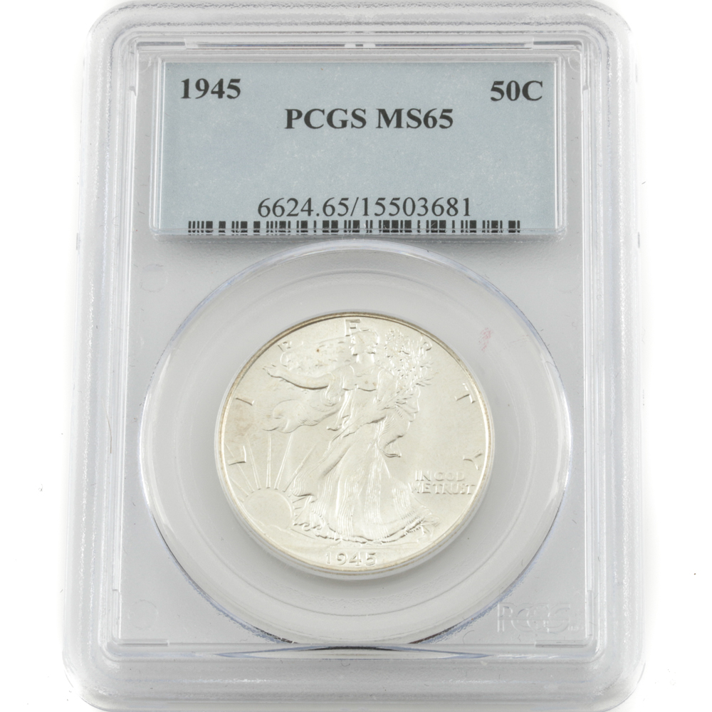 Encapsulated and Graded MS65 (by PCGS) 1945 Walking Liberty Silver Half Dollar