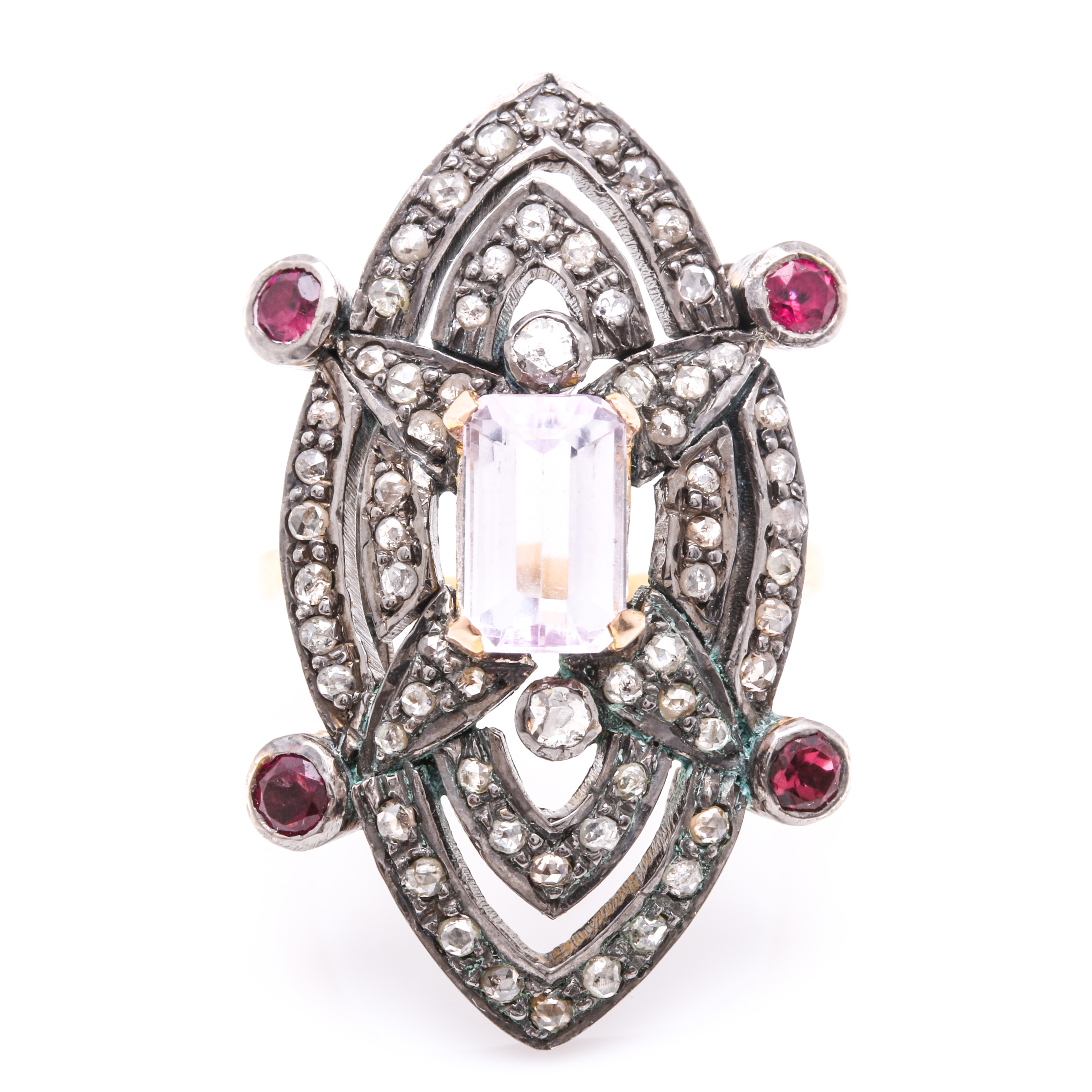 Sterling Silver and 8K Yellow Gold Kunzite, Garnet, And Diamond Marquise Ring