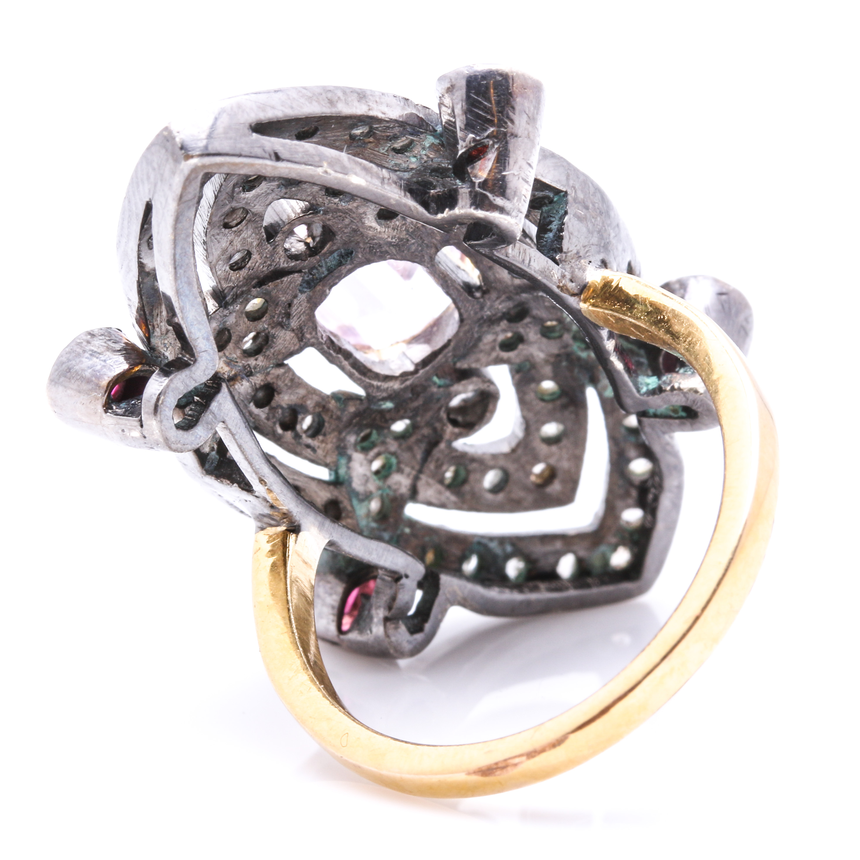 Sterling Silver and 8K Yellow Gold Kunzite, Garnet, And Diamond Marquise Ring