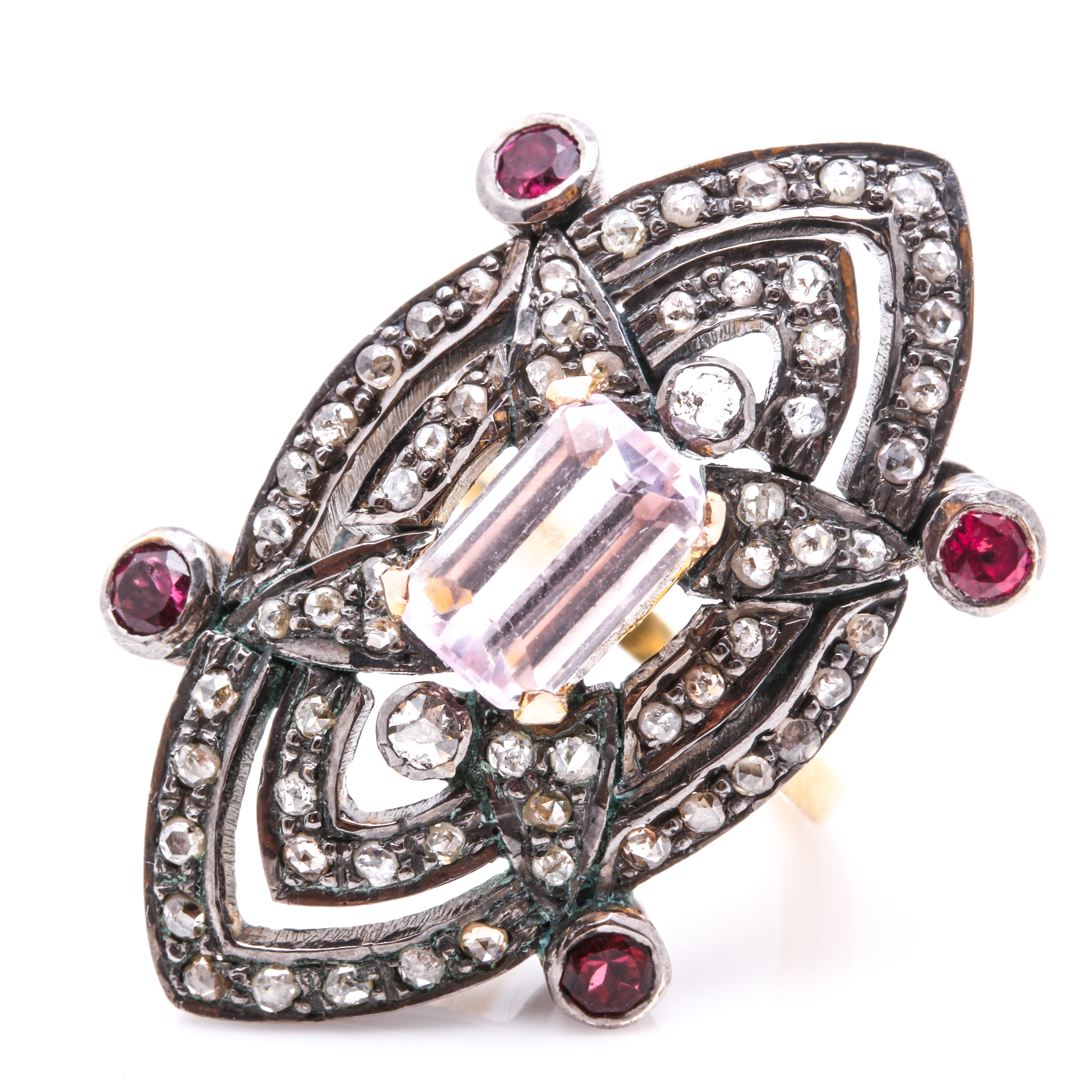 Sterling Silver and 8K Yellow Gold Kunzite, Garnet, And Diamond Marquise Ring