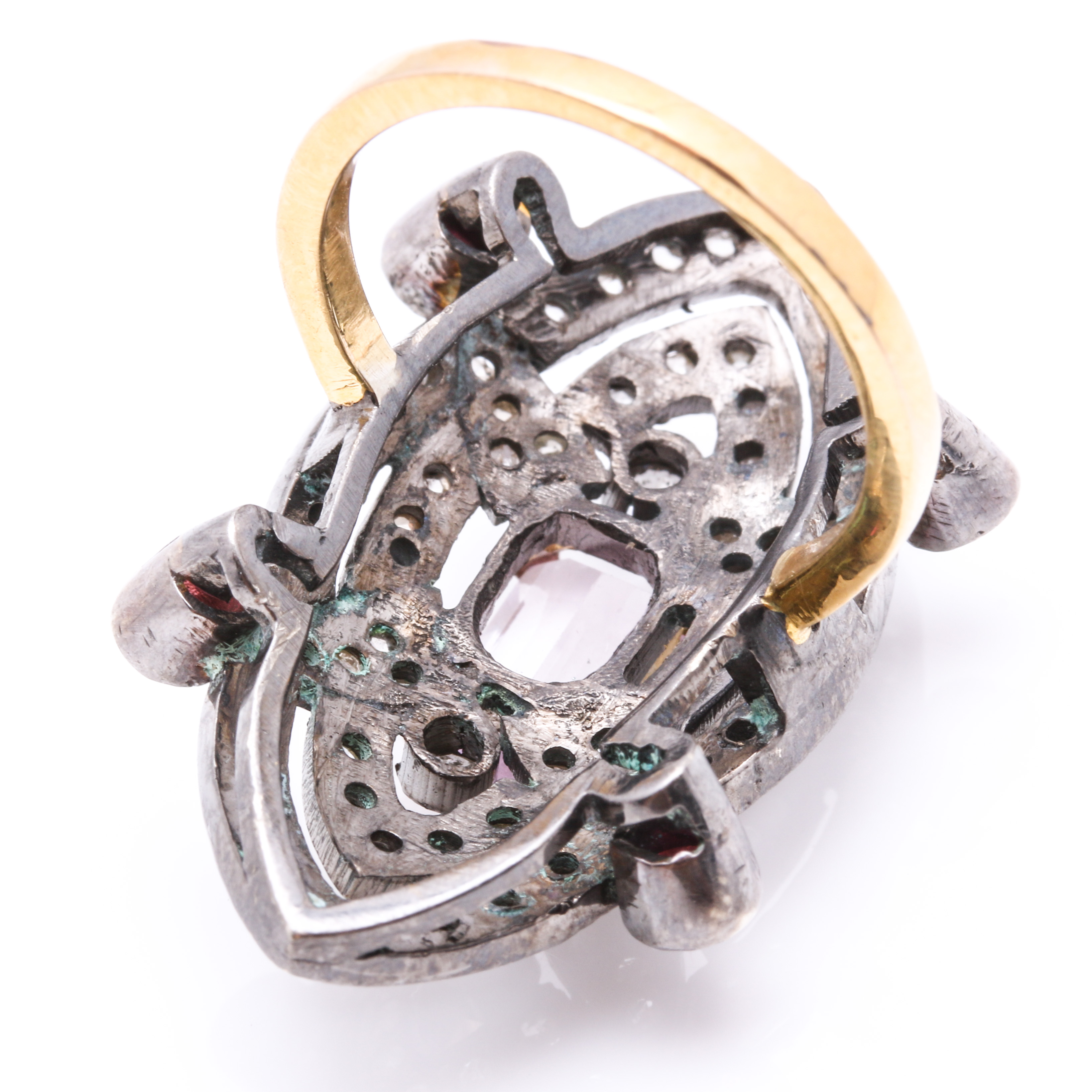 Sterling Silver and 8K Yellow Gold Kunzite, Garnet, And Diamond Marquise Ring