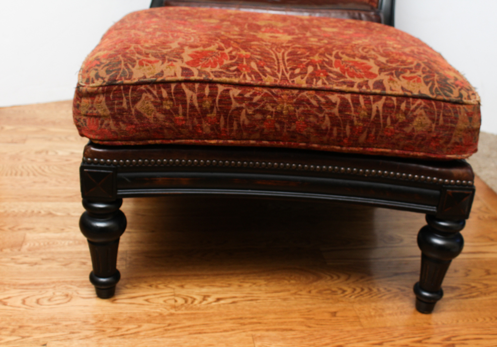 Vanguard Furniture Leather and Brocade Upholstered Barrel Chair And Footstool