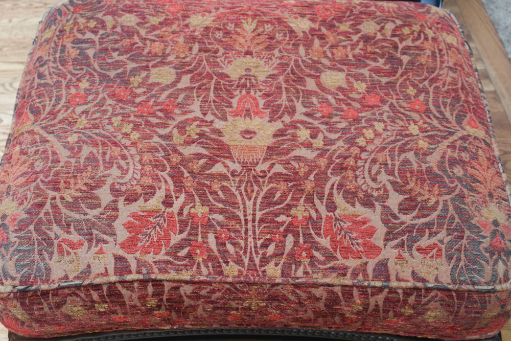 Vanguard Furniture Leather and Brocade Upholstered Barrel Chair And Footstool