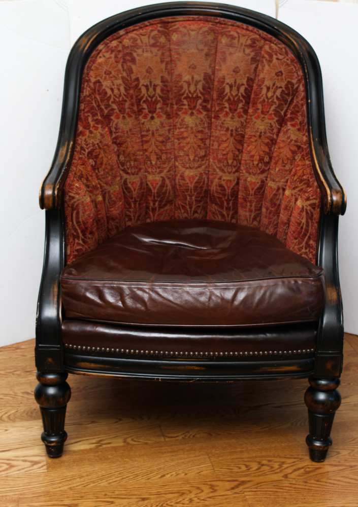 Vanguard Furniture Leather and Brocade Upholstered Barrel Chair And Footstool