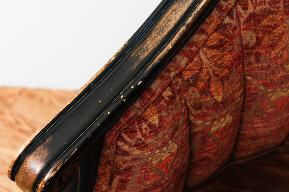 Vanguard Furniture Leather and Brocade Upholstered Barrel Chair And Footstool