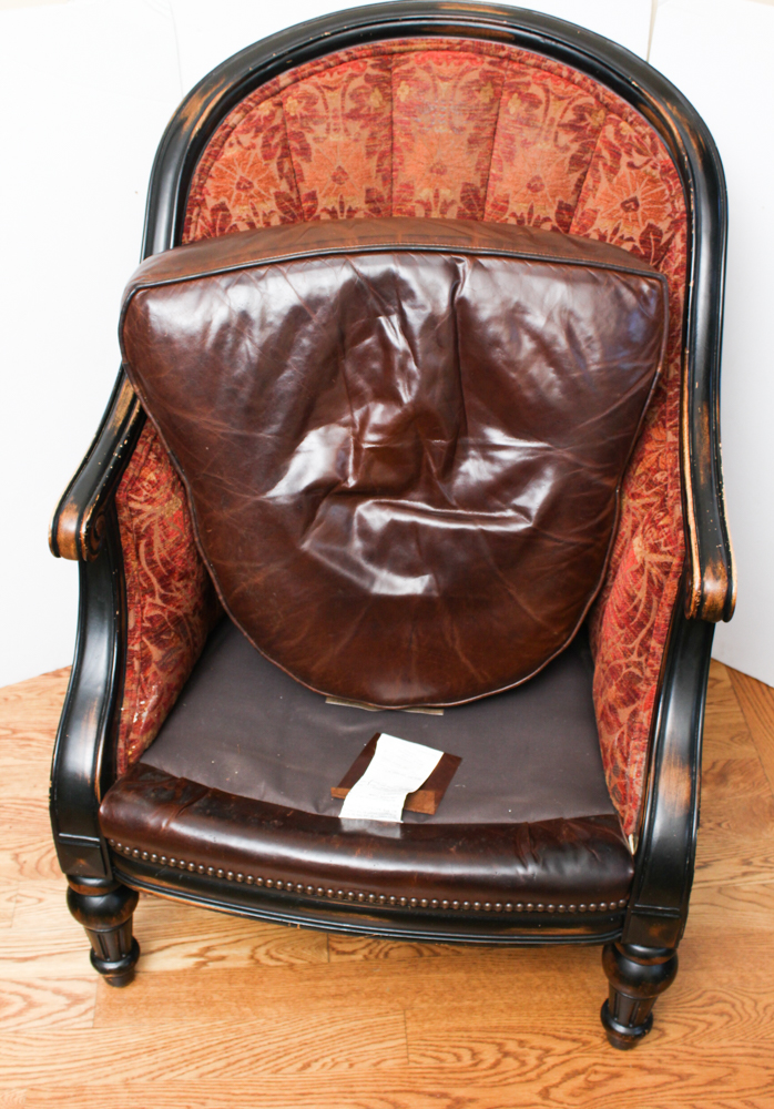 Vanguard Furniture Leather and Brocade Upholstered Barrel Chair And Footstool